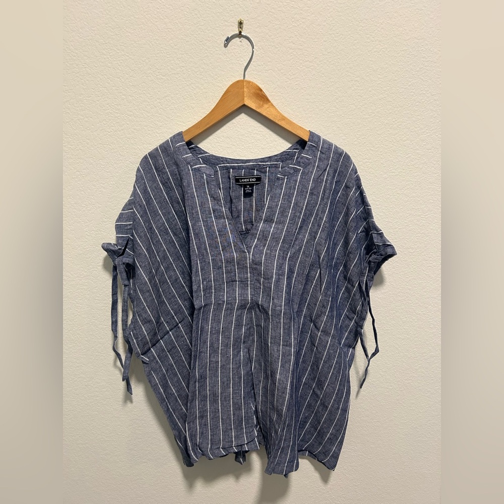 NWT Lands' End Navy Striped Linen Crossover Blouse